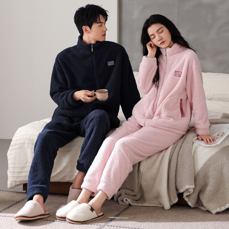 Couple's sleepwear winter long sleeved warm and thick zipper cardigan men's and women's home decor