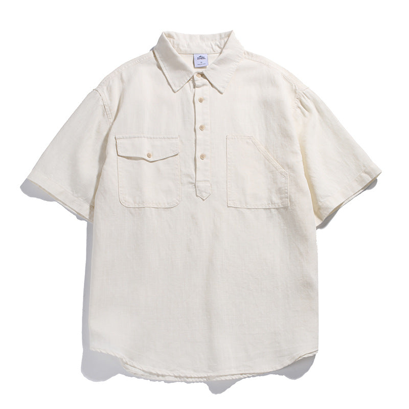 Men’s off-white retro workwear polo shirt with loose fit and multi-pocket casual design