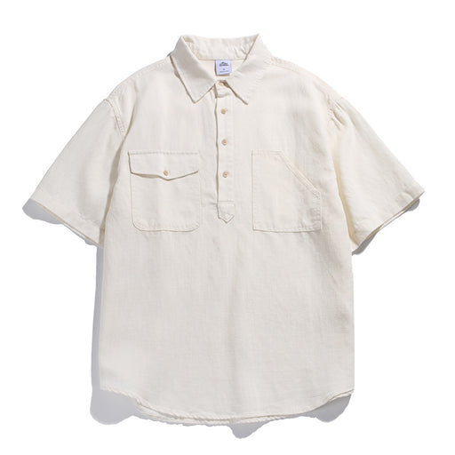 Men’s off-white retro workwear polo shirt with loose fit and multi-pocket casual design