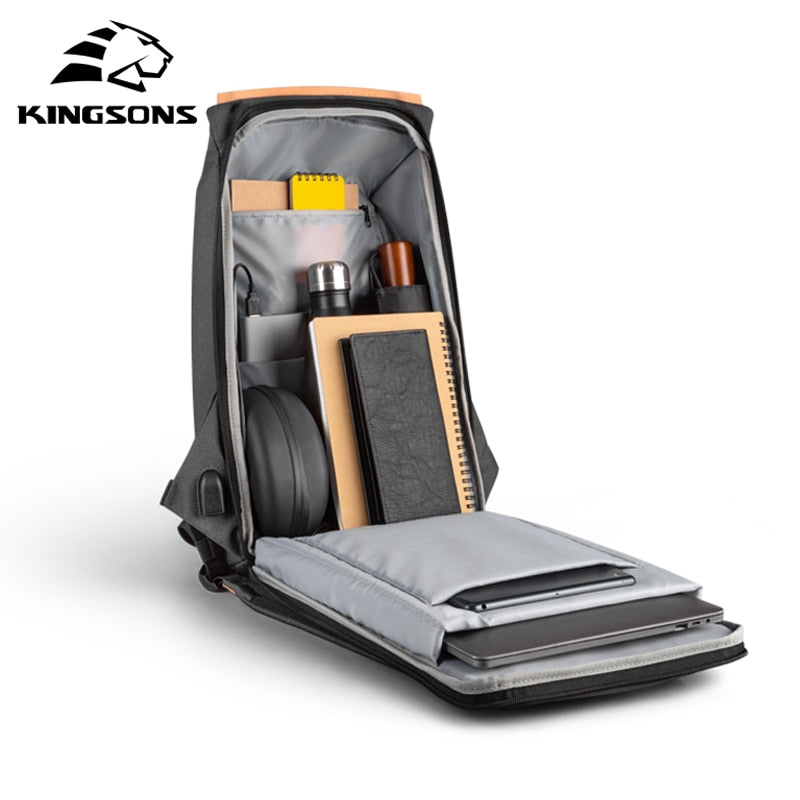 Open view of the Kingsons backpack showing organized interior compartments for laptop, notebook, water bottle, and accessories.