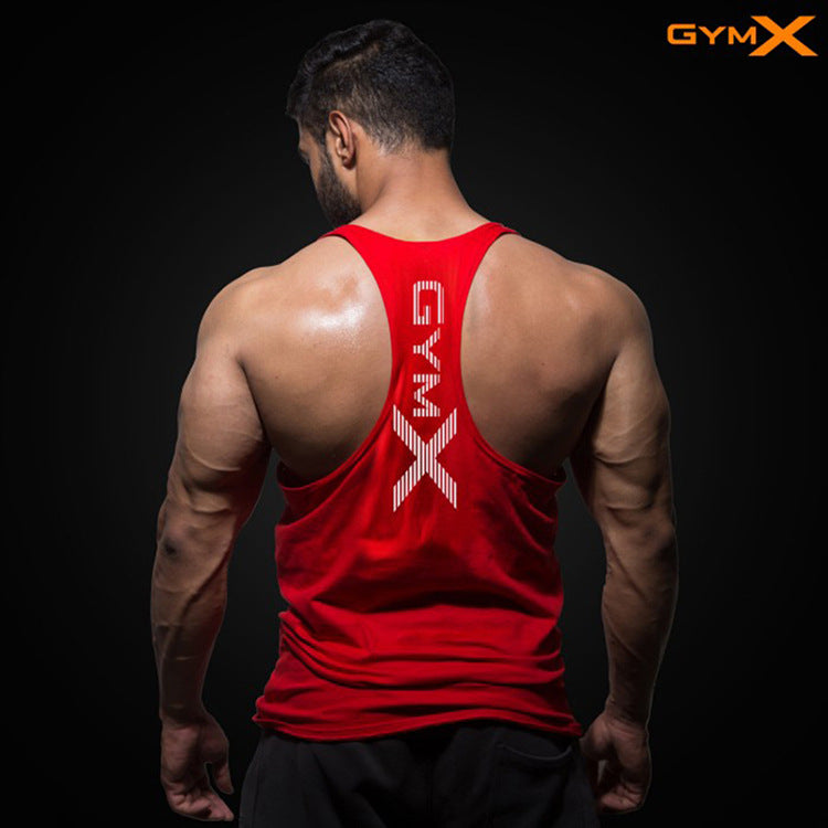 Man wearing a red GymX training tank top with racerback straps, displaying strong back muscles on a dark background.