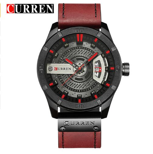 Front view of the CURREN men’s watch with a red leather strap and black case on a white background.