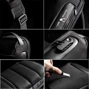 Scratch-resistant sling bag material being tested with a knife for durability.