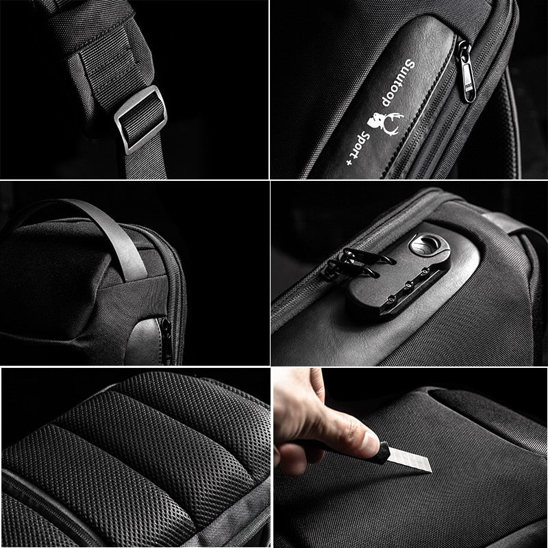 Scratch-resistant sling bag material being tested with a knife for durability.