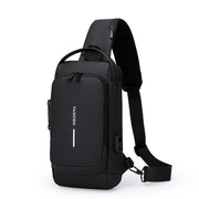 Men’s waterproof anti-theft USB charging sling bag in full black, product photo.