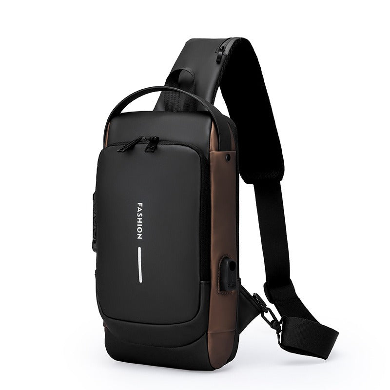 Men’s waterproof anti-theft USB charging crossbody bag in black and brown, side angle.
