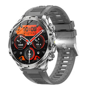 Silver sports smart watch with rubber strap and red display – durable fitness smartwatch for active users.
