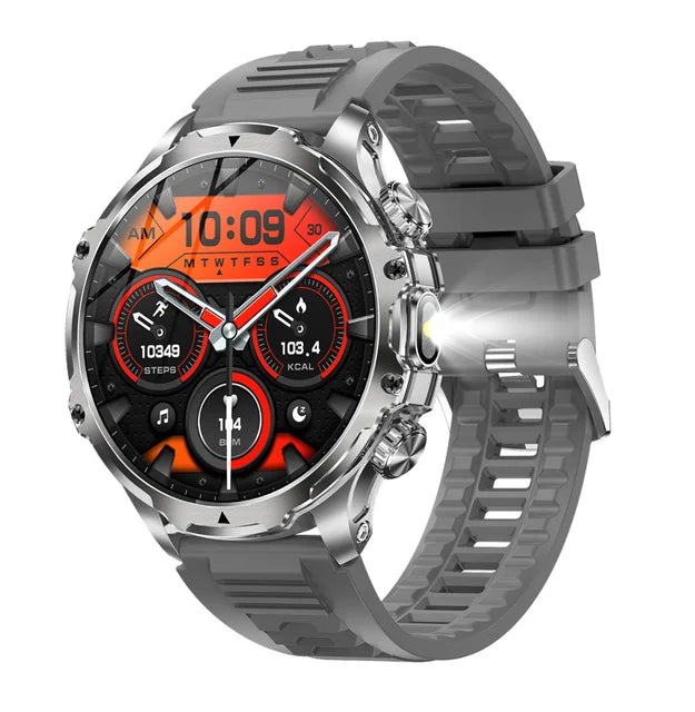 Silver sports smart watch with rubber strap and red display – durable fitness smartwatch for active users.