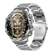 Silver steel men’s smart watch with gold skull mechanical-style display – rugged design for style and fitness.
