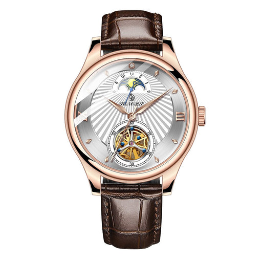 Men’s mechanical tourbillon watch featuring a silver dial, rose-gold case, sun-moon display, and brown leather strap.