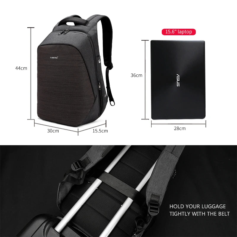 Dimensions of the anti-theft laptop backpack compared to a 15.6-inch laptop, showing 36 cm height, 30 cm width, and 15.5 cm depth