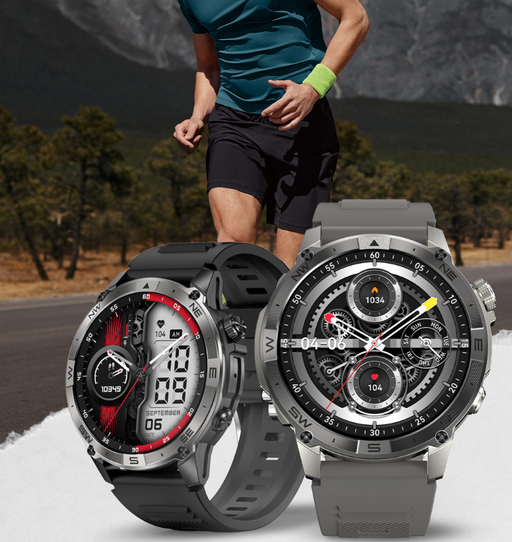 Dual men’s outdoor sports smartwatches displayed beside a runner, showcasing rugged design and multi-function tracking screens.