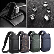 Close-up of USB charging port on men’s anti-theft sling bag, perfect for on-the-go power.