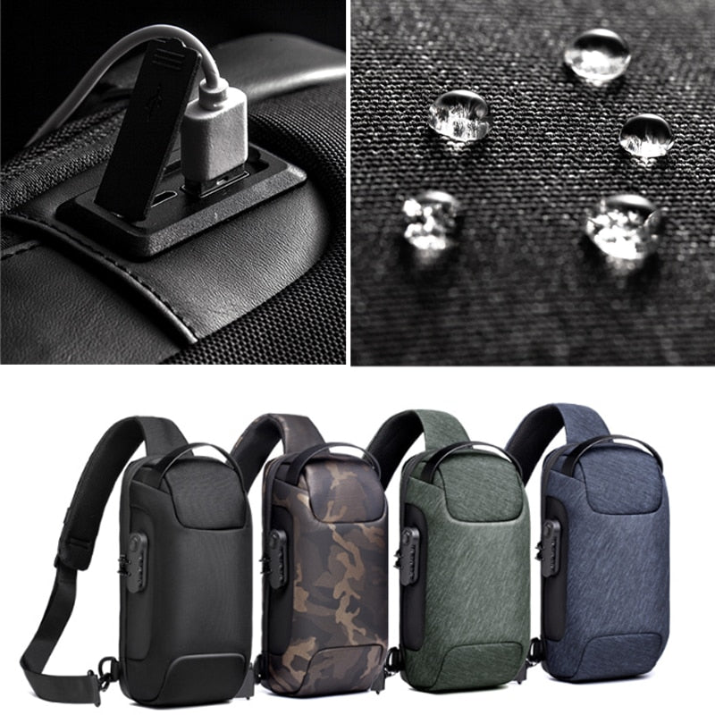 Close-up of USB charging port on men’s anti-theft sling bag, perfect for on-the-go power.