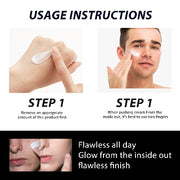 Usage instructions for EELHOE Men’s Skincare Cream showing how to apply the cream on the hand and face, with small before-and-after skin close-ups.