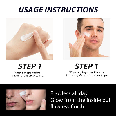 Usage instructions for EELHOE Men’s Skincare Cream showing how to apply the cream on the hand and face, with small before-and-after skin close-ups.