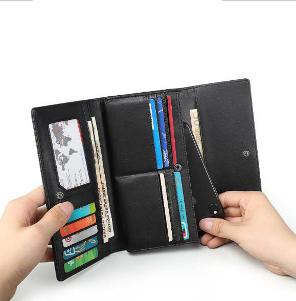 Open view of the men’s wallet showing multiple card slots, cash compartment, and organized interior layout.
