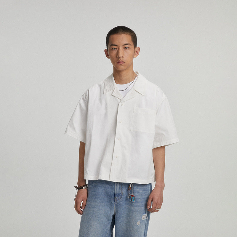 Men’s white loose fit Cuban collar shirt with lightweight summer casual style