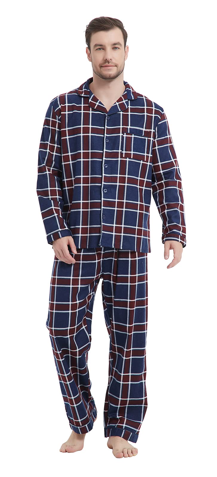 CHUNG Men Flannel Pajamas Set 100% Cotton Brushed Pjs Classic Plaid Long Sleeve Tops Pants Sleepwear loungewear(L Wine Navy)