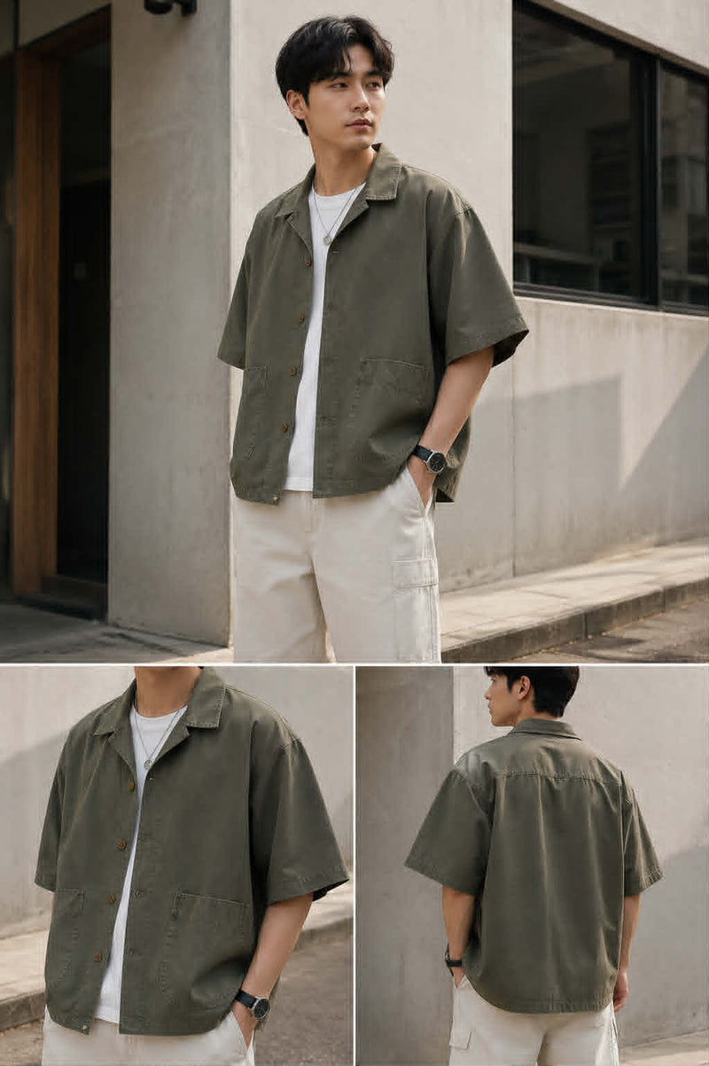 Oversized army green Japanese workwear Cuban collar shirt shown on a male model with front, side, and back views, featuring rounded patch pockets and relaxed streetwear styling.
