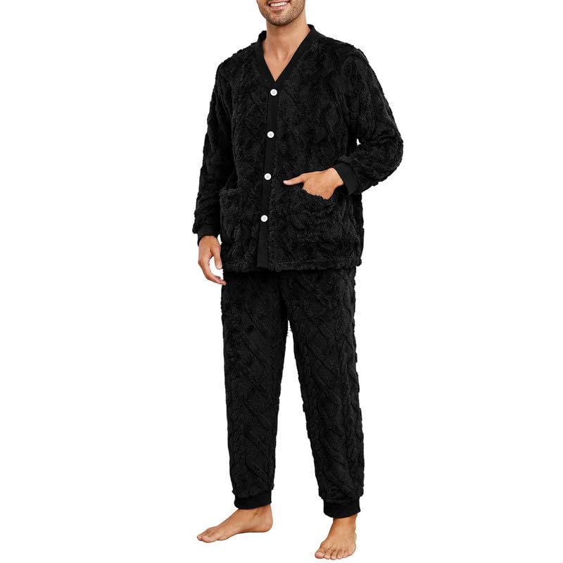Vulcanodon Mens Plush Warm Pajama Sets Soft Fluffy Long Fuzzy Sleepwear with Pockets Cozy Loungewear Pjs Set for Men(BLACK S)