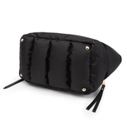 Bottom view of a black padded tote bag showing reinforced base and durable construction.
