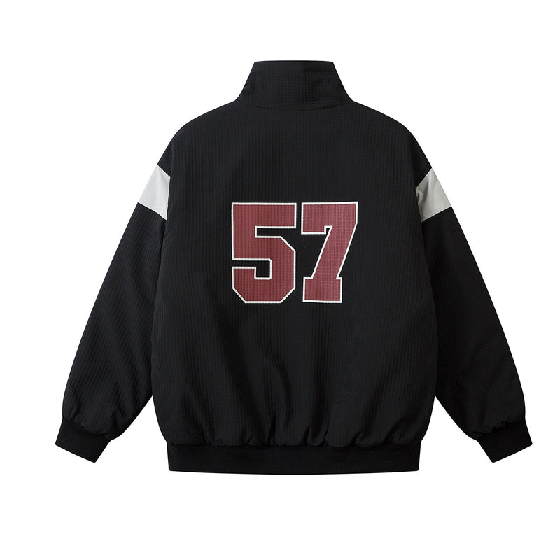 Back view of black quilted jacket for men
