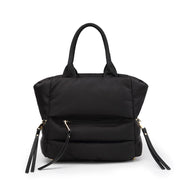 Front view of a black winter puffer tote bag with zippered pocket and padded quilted design.
