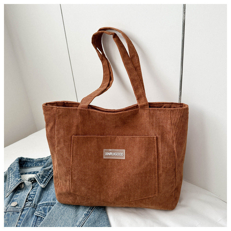 Brown corduroy casual shoulder tote bag for men
