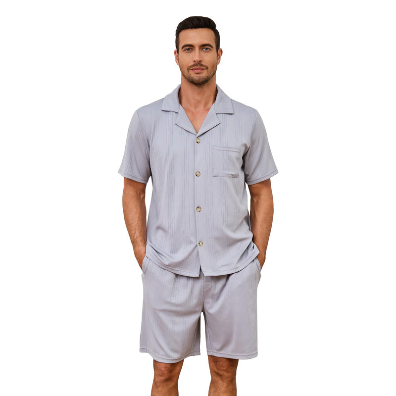 EK4YDNDS Men Pajama Set Button up Sleepwear Short Sleeve Pjs Soft Lapel Loungewear with Pockets (Light Grey XL)