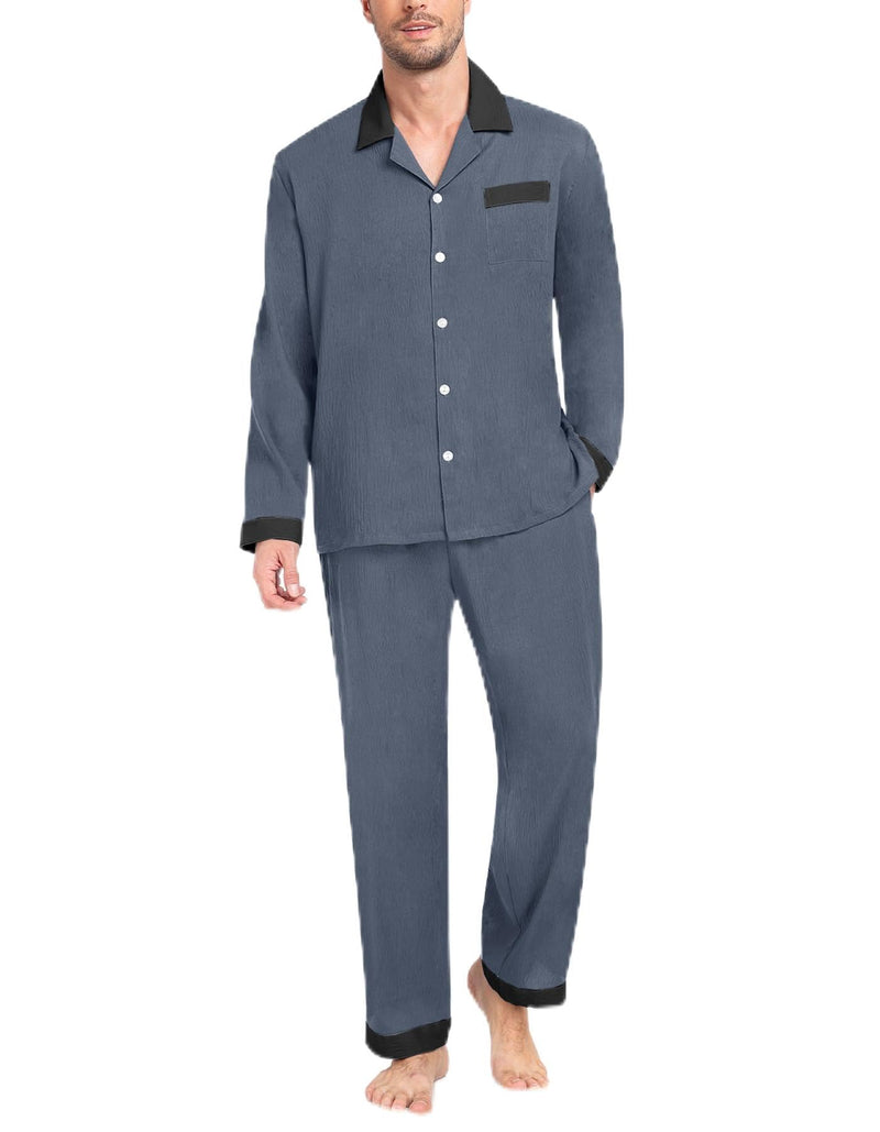 YOPUGEE Men Pajama Set Lightweight 2 piece Sleepwear Classic Button Down Long Sleeve Holiday Loungewear Dark Blue-XL