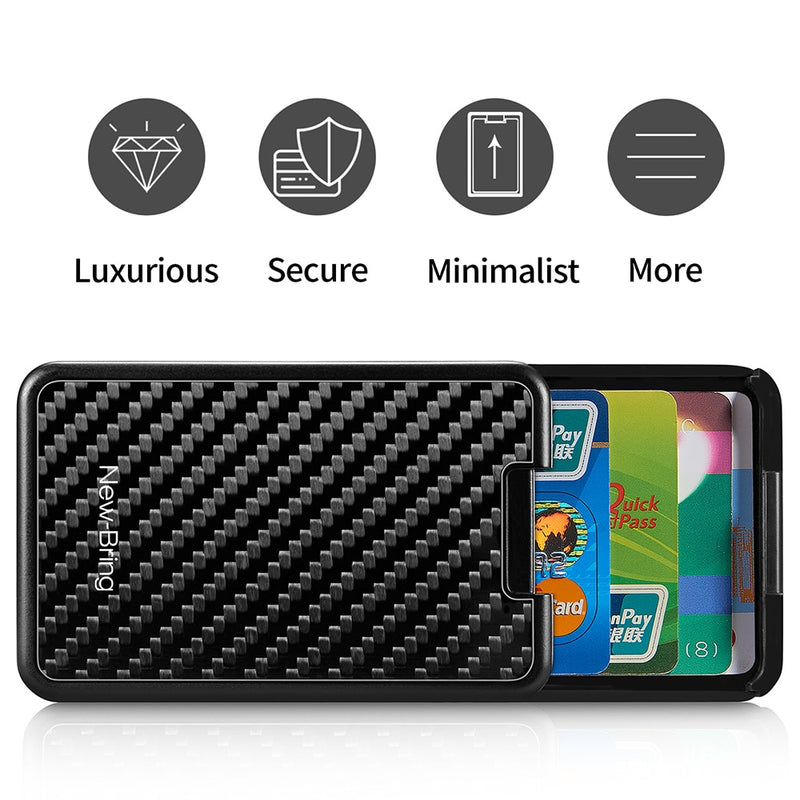 Front view of slim carbon fiber RFID blocking wallet with minimalist design.
