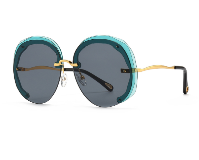 Cyan black grey rimless oversized cut lens sunglasses with dark tinted lenses and gold metal temples.
