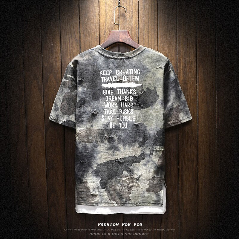 Back view of Dark camouflage distressed summer streetwear t-shirt for men