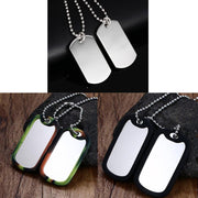 Different styles of double dog tag necklaces in stainless steel shown in one set