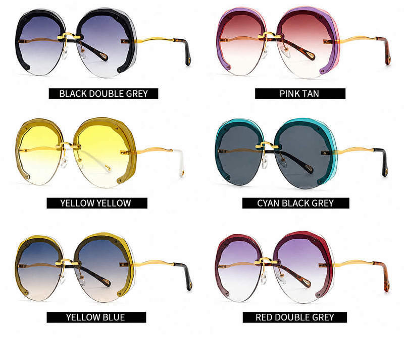 Women's oversized rimless cut lens sunglasses color options including black grey, pink tan, yellow yellow, cyan black grey, yellow blue, and red double grey.
