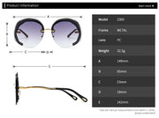 Size chart and specifications for oversized rimless fashion sunglasses with metal frame, PC lenses, and detailed measurements.

