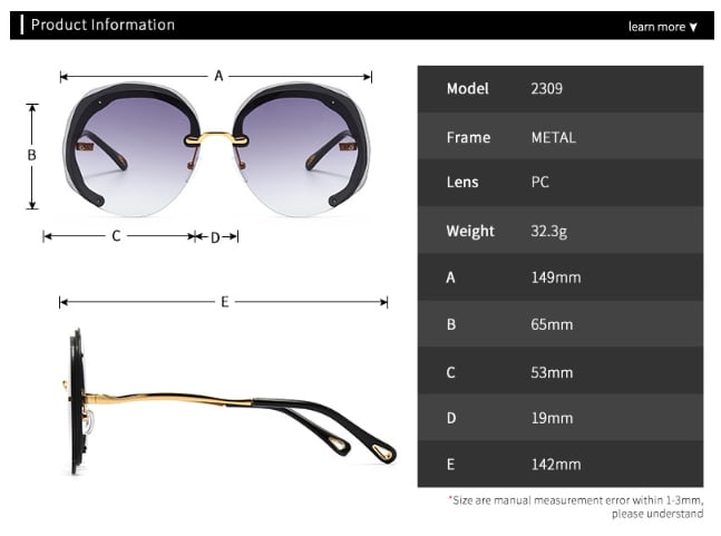 Size chart and specifications for oversized rimless fashion sunglasses with metal frame, PC lenses, and detailed measurements.
