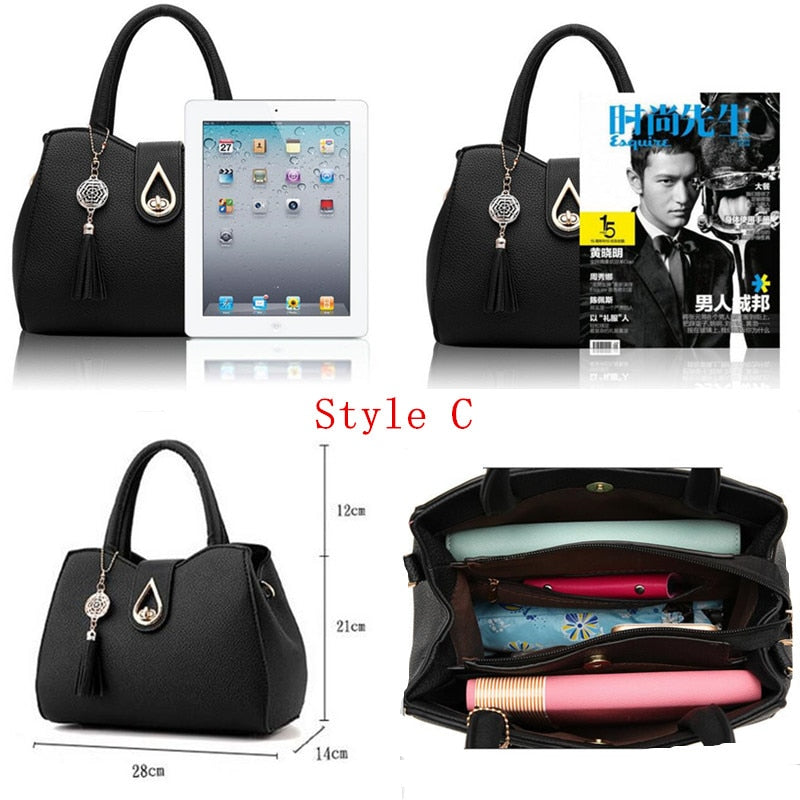 Style C women's handbag size comparison and interior compartment layout
