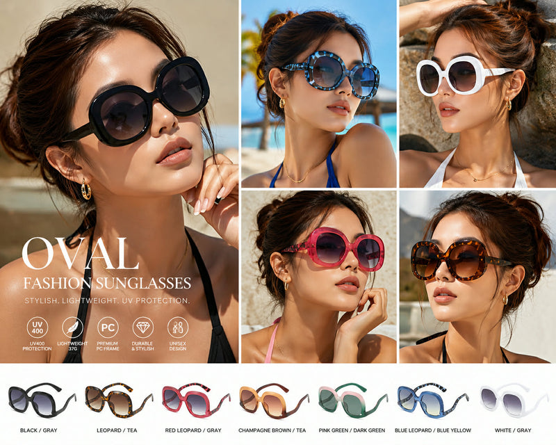 Fashionable woman wearing oversized oval sunglasses in multiple color variants including black, leopard, blue, red, and white for luxury summer fashion styling.
