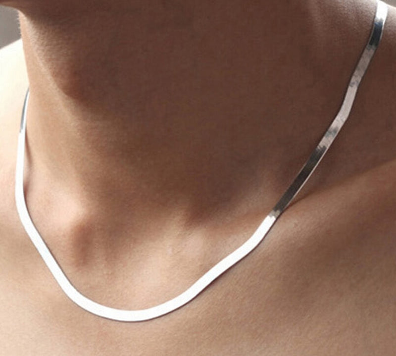 Stainless steel flat snake chain necklace worn by man minimalist smooth silver chain