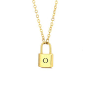 Gold initial lock necklace with letter O pendant on a minimal clean background 