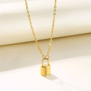 Minimalist gold lock necklace back view without engraving on neutral background