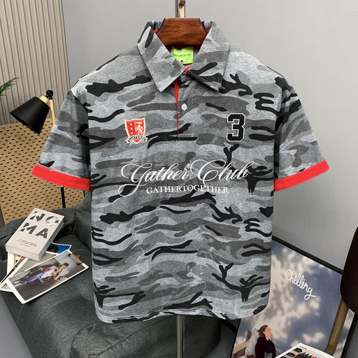 Gray camouflage polo shirt for men hanging display

