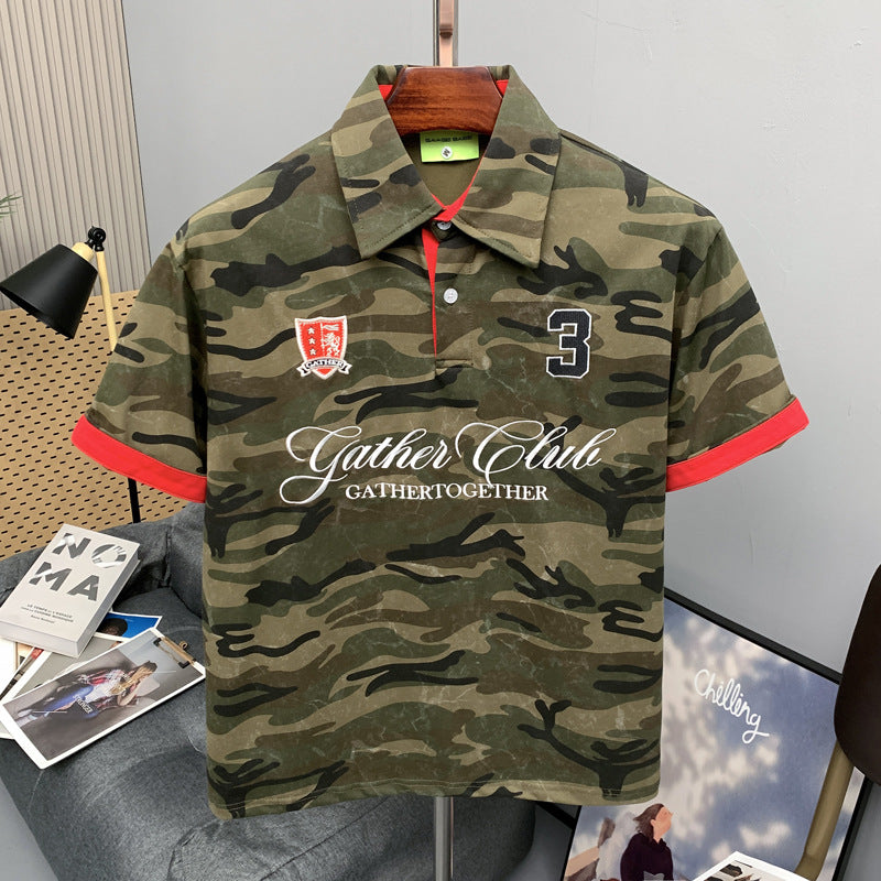 Green camouflage polo shirt for men front view
