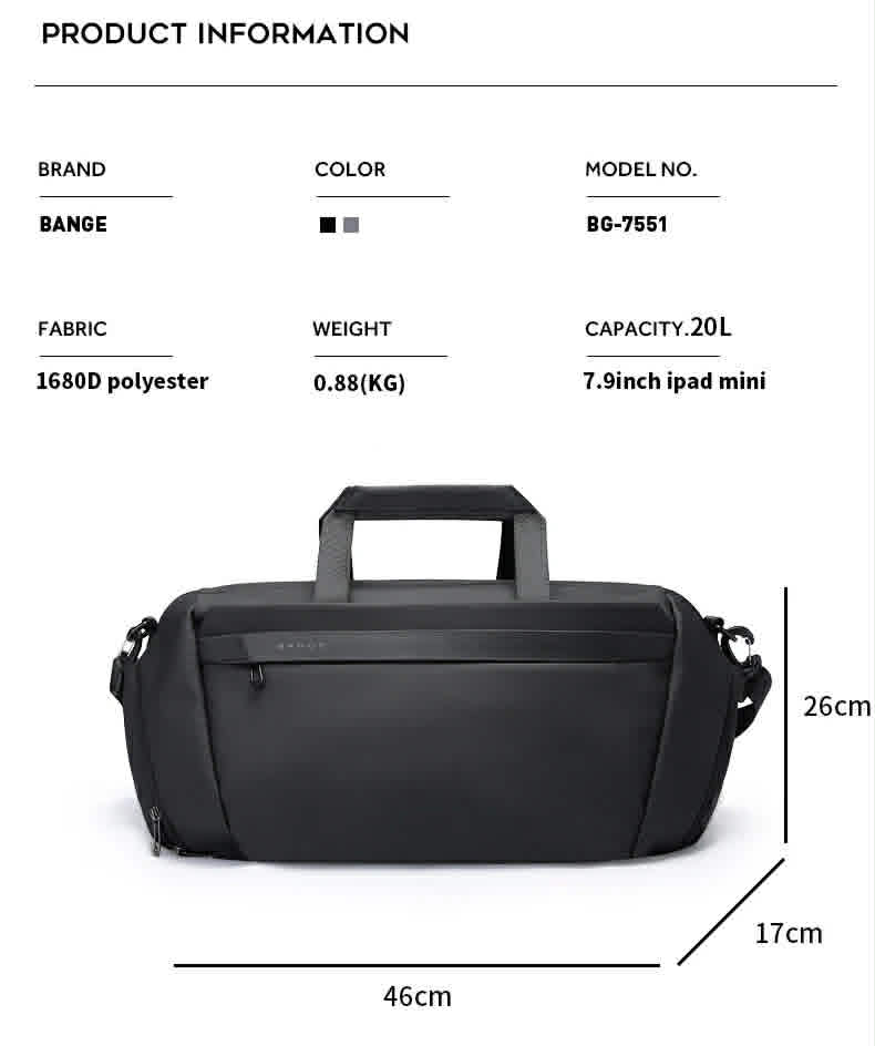 Waterproof women’s fitness and travel bag measuring 46cm x 26cm x 17cm with 20L storage capacity
