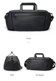 Black waterproof fitness and travel duffel bag shown from front, side and angled views
