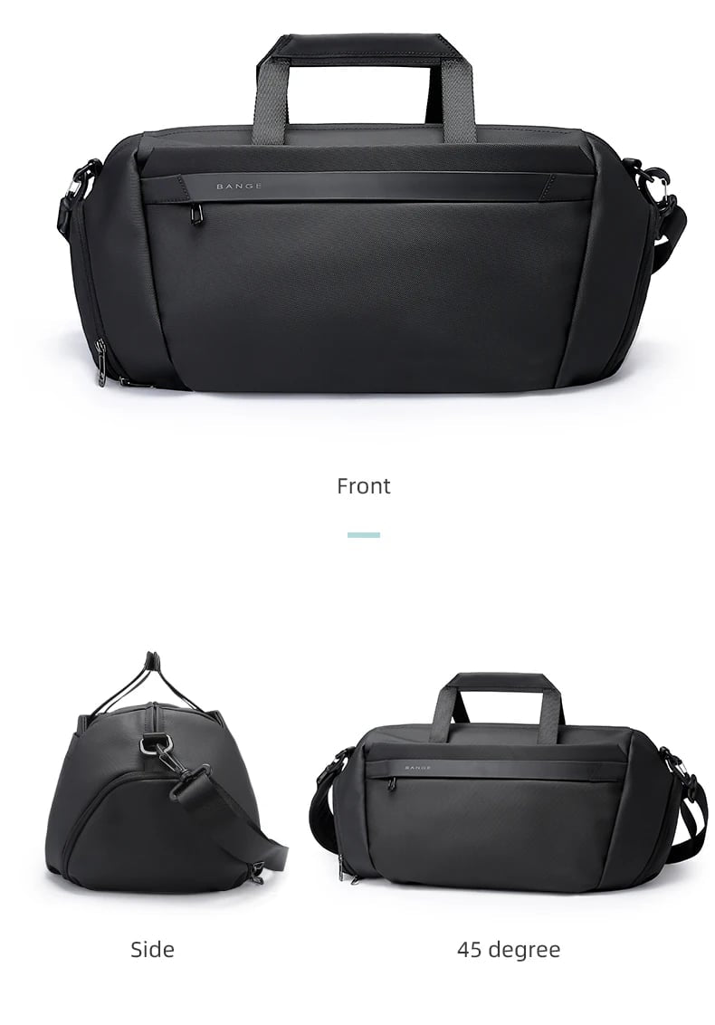 Black waterproof fitness and travel duffel bag shown from front, side and angled views
