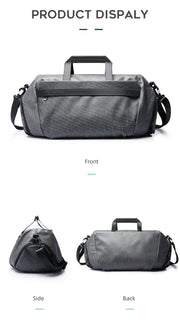 Gray waterproof fitness and travel duffel bag shown from front, side and rear views
