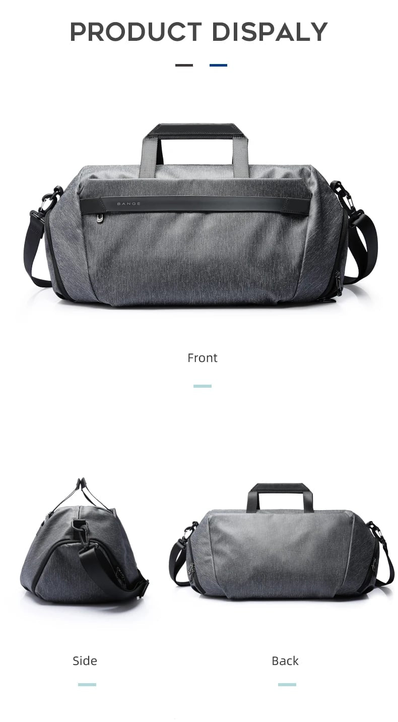 Gray waterproof fitness and travel duffel bag shown from front, side and rear views
